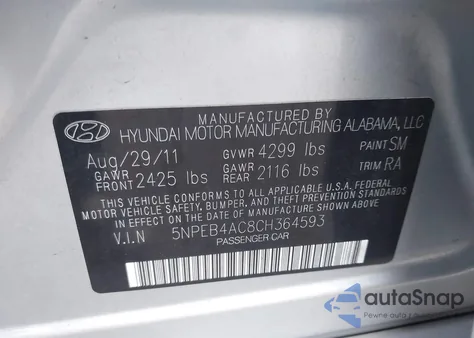 2012 Hyundai Sonata Gls z USA, uszkodzony, nr VIN 5NPEB4AC8CH364593